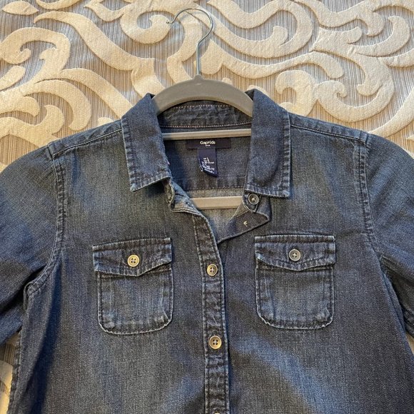 GAP Kids Girls Youth Dark Wash Denim Shirt Size Large Long Sleeves EUC - Picture 6 of 8